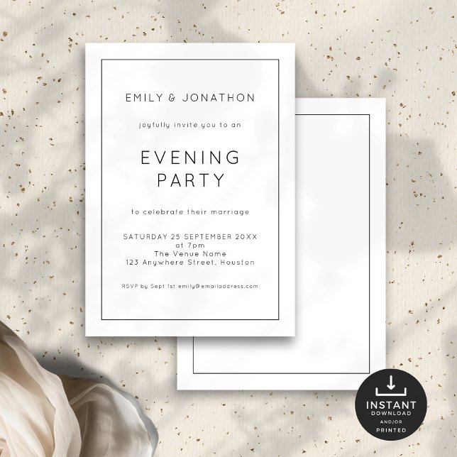 Black White Line Border Wedding Evening Party Invitation (Front and back view)