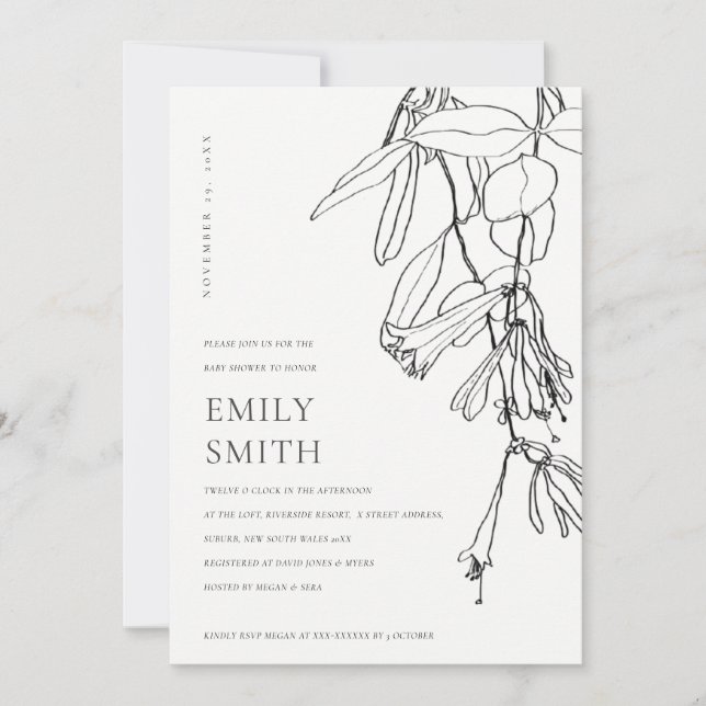 BLACK WHITE LINE DRAWING FLORAL BABY SHOWER CARD (Front)