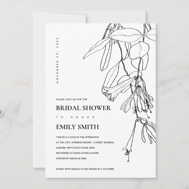 BLACK WHITE LINE DRAWING FLORAL BRIDAL SHOWER CARD (Front)