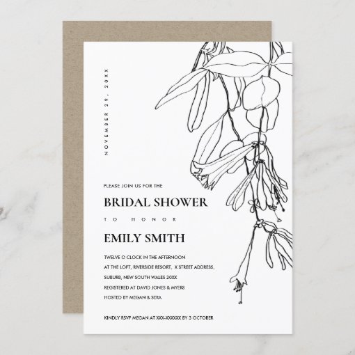 BLACK WHITE LINE DRAWING FLORAL BRIDAL SHOWER CARD | Zazzle