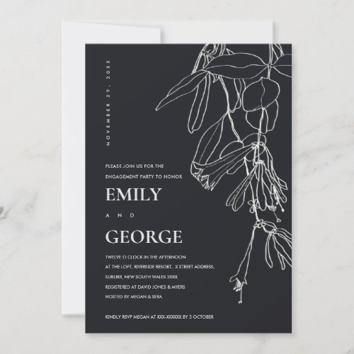 BLACK WHITE LINE DRAWING FLORAL ENGAGEMENT INVITE