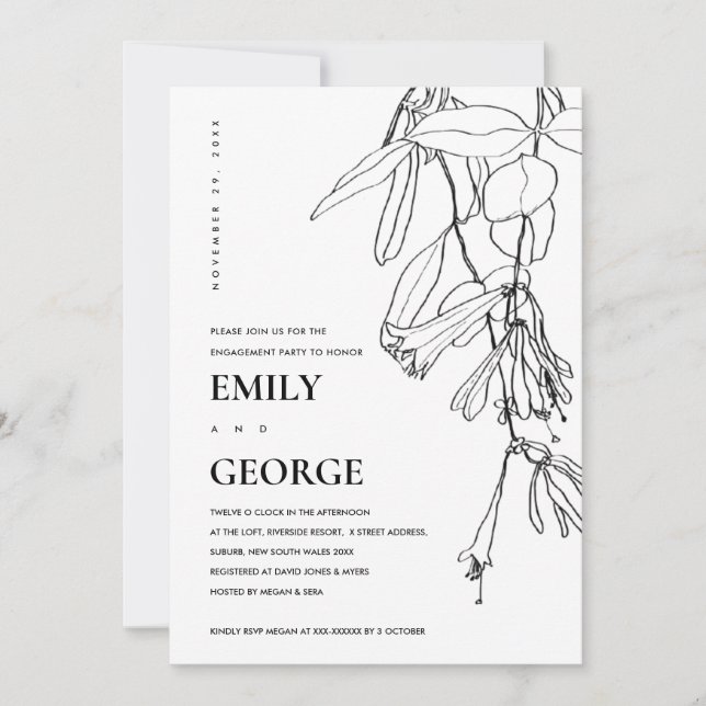 BLACK WHITE LINE DRAWING FLORAL ENGAGEMENT INVITE (Front)