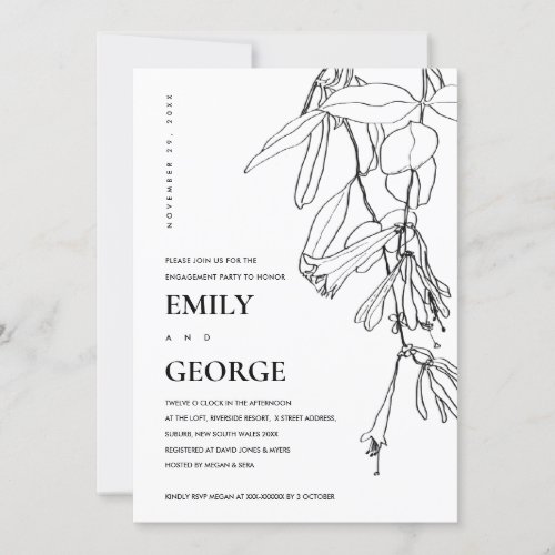 BLACK WHITE LINE DRAWING FLORAL ENGAGEMENT INVITE