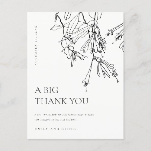 BLACK WHITE LINE DRAWING FLORAL WEDDING THANK YOU ANNOUNCEMENT POSTCARD