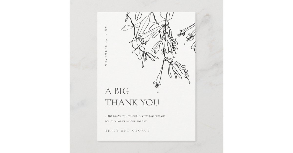 BLACK WHITE LINE DRAWING FLORAL WEDDING THANK YOU ANNOUNCEMENT POSTCARD ...