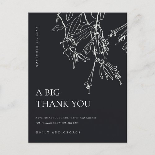 BLACK WHITE LINE DRAWING FLORAL WEDDING THANK YOU ANNOUNCEMENT POSTCARD