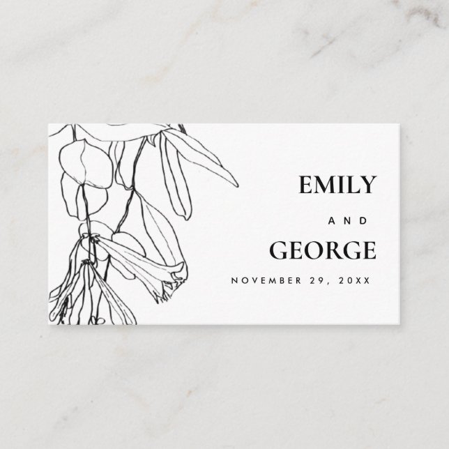 BLACK WHITE LINE DRAWING FLORAL WEDDING WEBSITE BUSINESS CARD (Front)