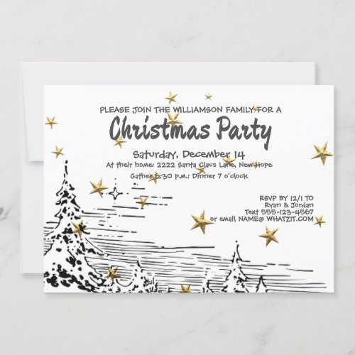 Black White Line Drawing Snowy Scene Christmas Invitation