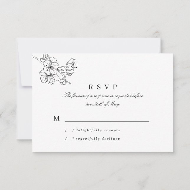 Black & White Line Drawn Blossoms Wedding RSVP Card (Front)