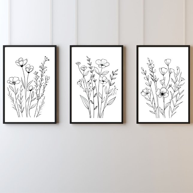 Black White Line Drawn Florals Set of 3 Wall Art  (Black White Line Drawn Florals Wall Art, Set of three prints)