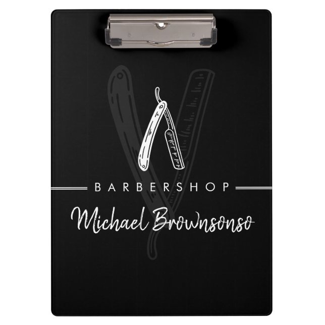 Black White Line Minimal Logo Razor Barber Clipboard (Front)