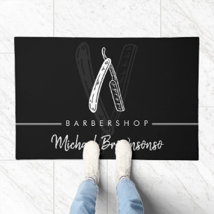Black White Lineart Elegant Logo Razor Barber Doormat