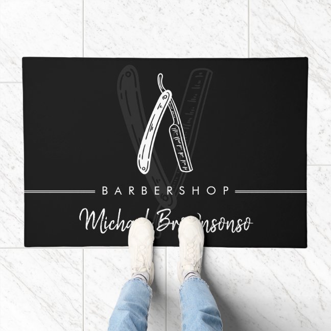 Black White Lineart Elegant Logo Razor Barber Doormat