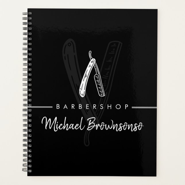 Black White Lineart Logo Razor Barber Planner (Front)