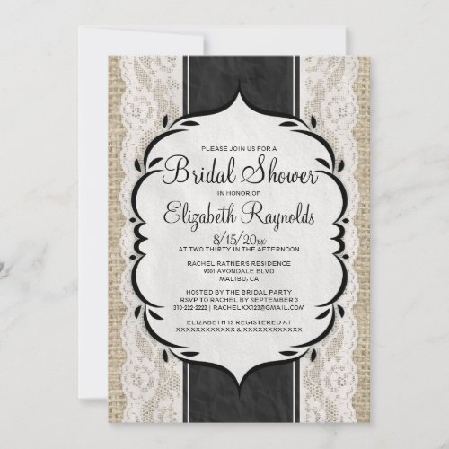 Black White Linen Burlap Lace Bridal Shower Invite