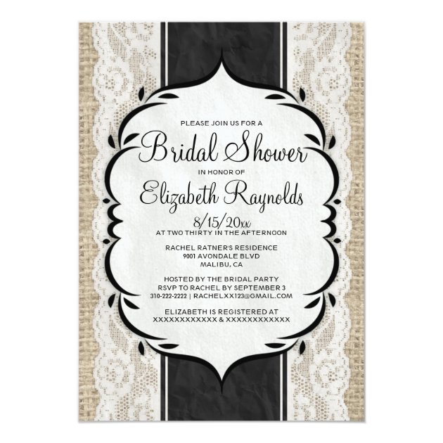 Black White Linen Burlap Lace Bridal Shower Invite