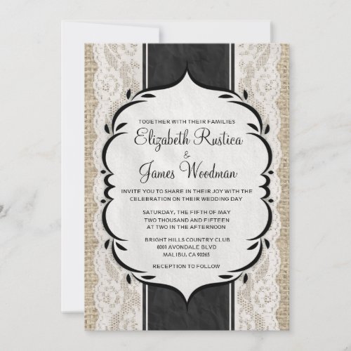 Black White Linen Burlap Lace Wedding Invitations