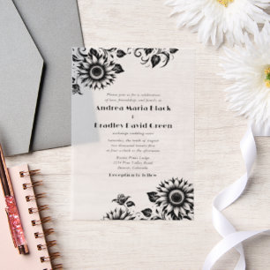 Black White Linocut Sunflower Wedding Vellum Invitations