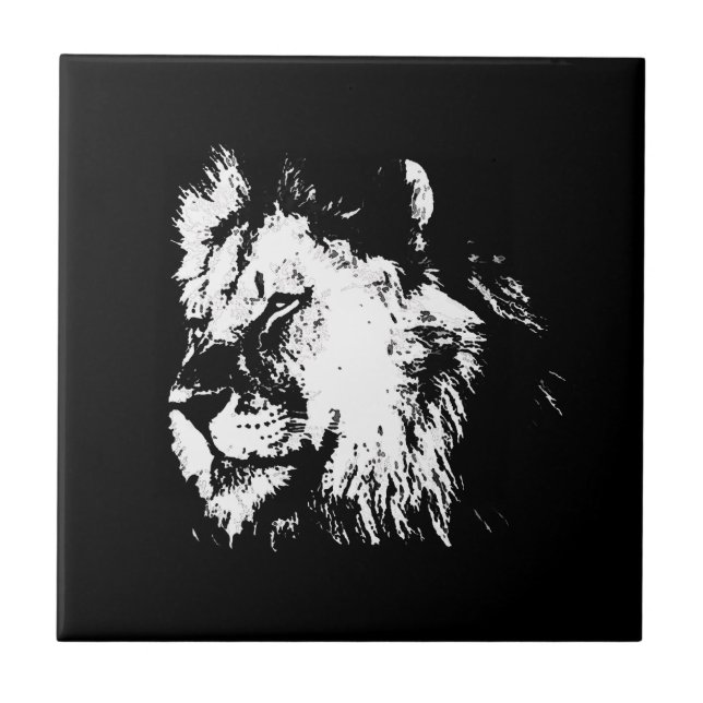 Black White Lion - Animal Pop Art Ceramic Tile (Front)