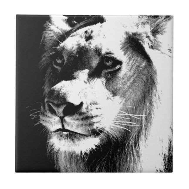 Black White Lion Artwork Photo Ceramic Tile (Front)