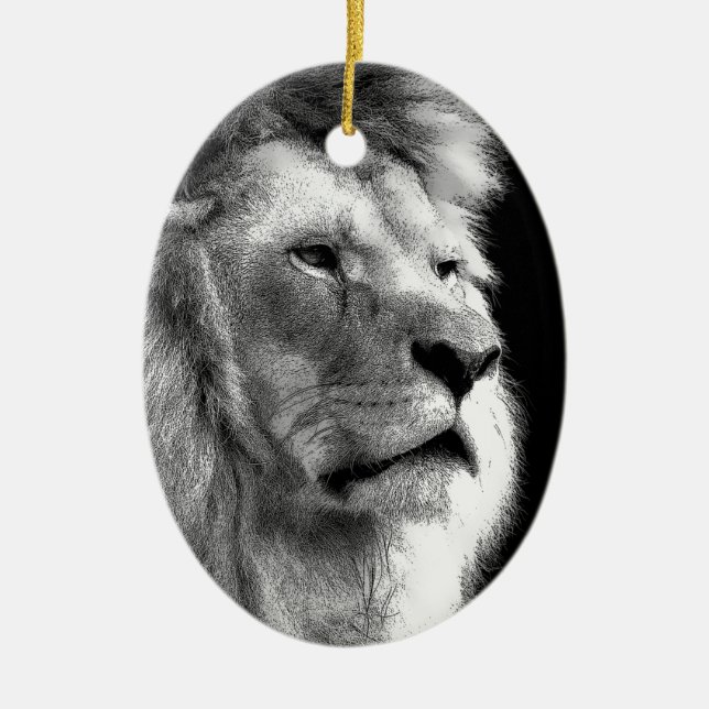 Black White Lion Ceramic Ornament (Front)