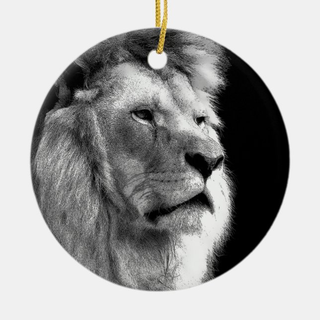 Black White Lion Ceramic Ornament (Front)