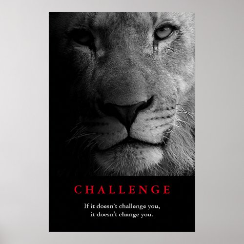 Black White Lion Eyes Motivational Challenge Quote Poster