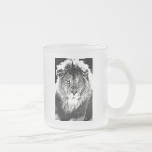 Black  White Lion Frosted Glass Coffee Mug