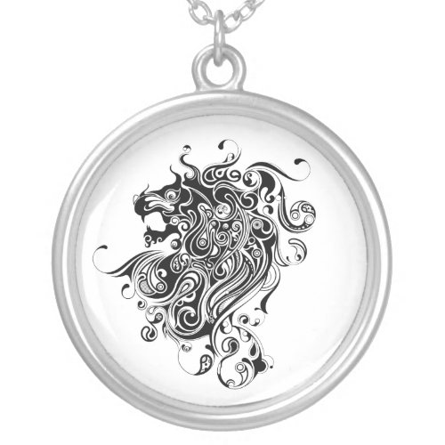 Black  White Lion Head_ OrnateTattoo Style Silver Plated Necklace