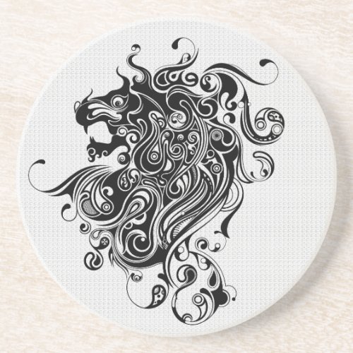 Black  White Lion Head_Tattoo Art Drink Coaster