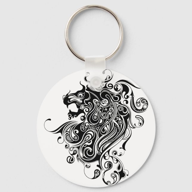 Black & White Lion Head Tattoo Style Keychain (Front)