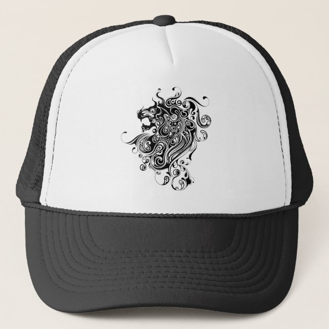 Black & White Lion Head-Tattoo Style Trucker Hat (Front)