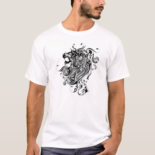 Black  White Lion Head_Tribal Tattoo Style T_Shirt
