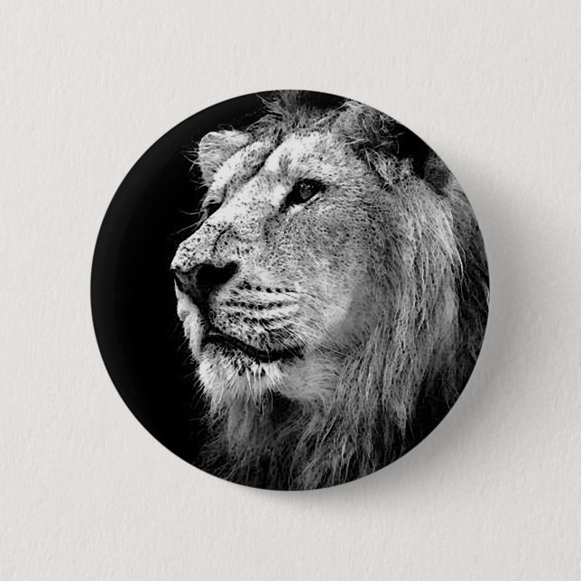 Black & White Lion Pinback Button (Front)