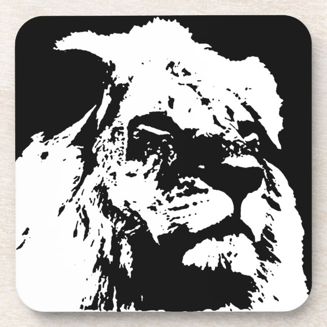 Black & white lion pop art beverage coaster (Front)
