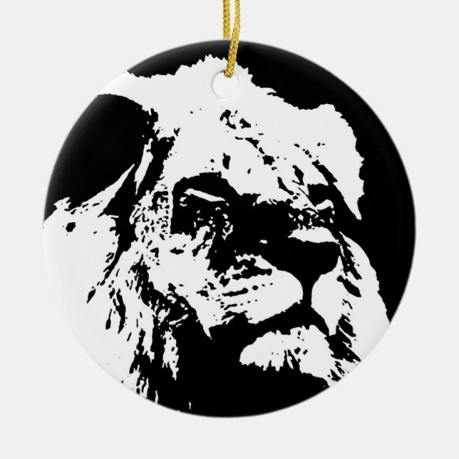 Black & white lion pop art ceramic ornament (Front)