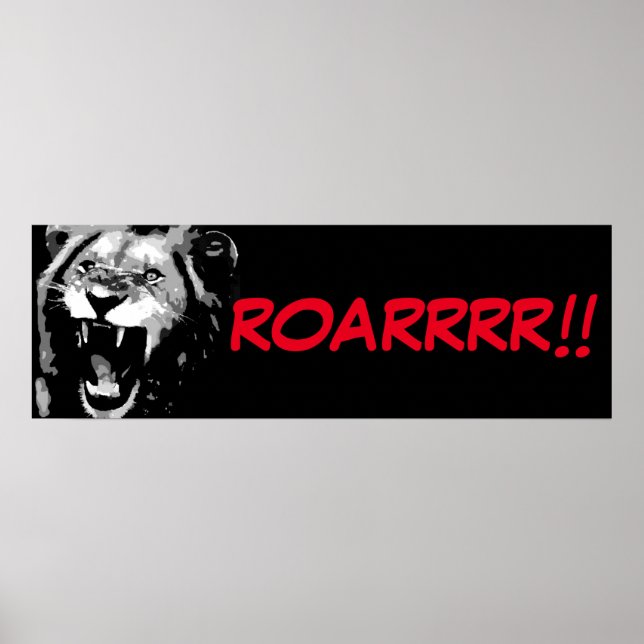 Black White Lion Pop Art Comic Style Roar Script Poster (Front)