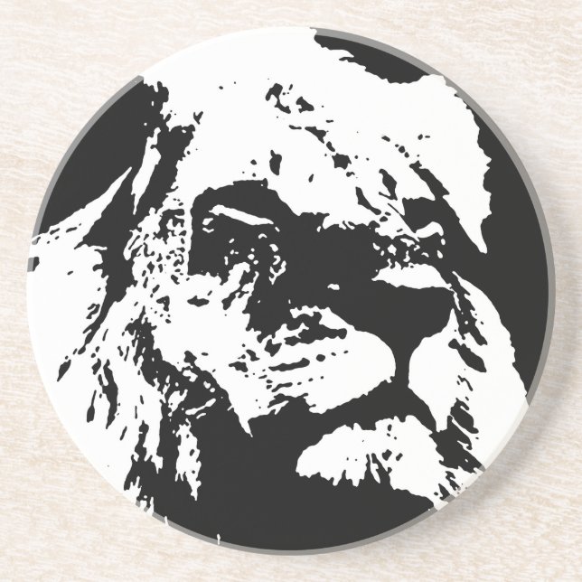 Black & white lion pop art drink coaster (Front)