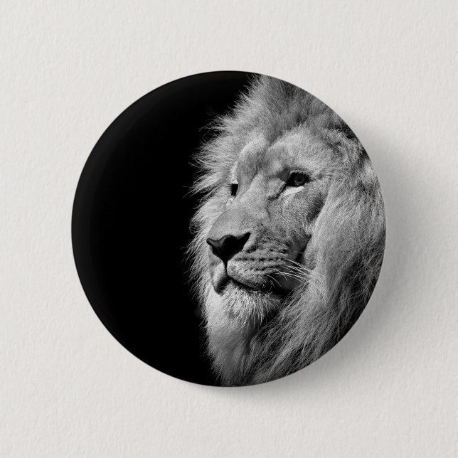 Black White Lion Portrait - Animal Photography Button (Front)