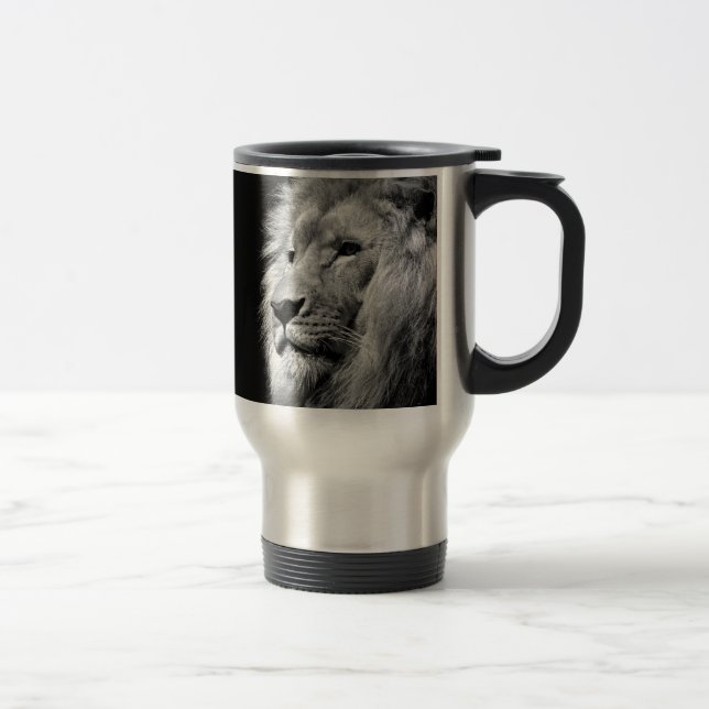 Black White Lion Portrait - Animal Photography Travel Mug (Right)