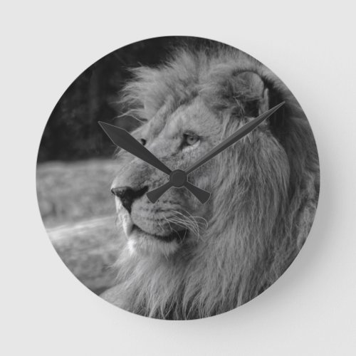 Black  White Lion _ Wild Animal Round Clock