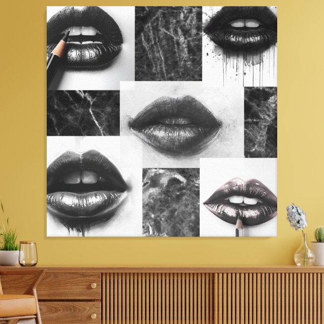 Black,White Lips Collage Canvas Statement Wall Art (Insitu(LivingRoom))