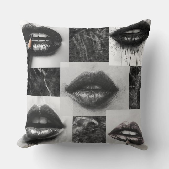 Black & White Lips Collage Throw Pillow (Front)