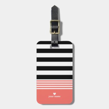 Black  White & Living Coral Striped Personalized Luggage Tag by StripyStripes at Zazzle