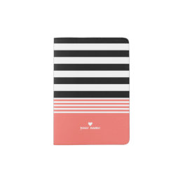 Black, White & Living Coral Striped Personalized Passport Holder