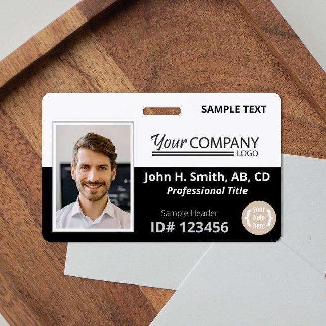 Black, White Logo Entry Employee Photo ID Badge (black and white company badge with photo and logos)