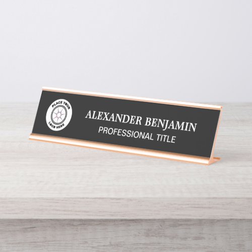 Black White Logo Modern Elegant Personalize Desk Name Plate