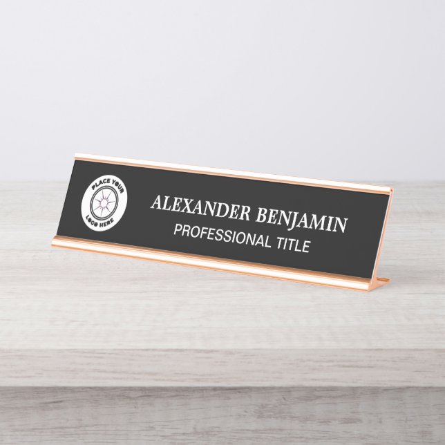 Black White Logo Modern Elegant Personalize Desk Name Plate (Front)