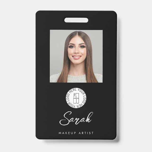 Black White Logo Photo Makeup Employee Badge (Front)