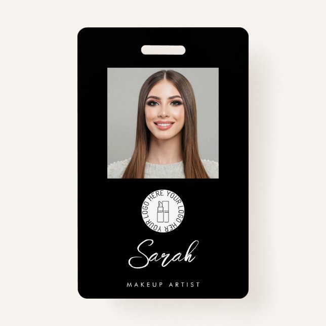 Black White Logo Photo Makeup Employee Badge (Front)